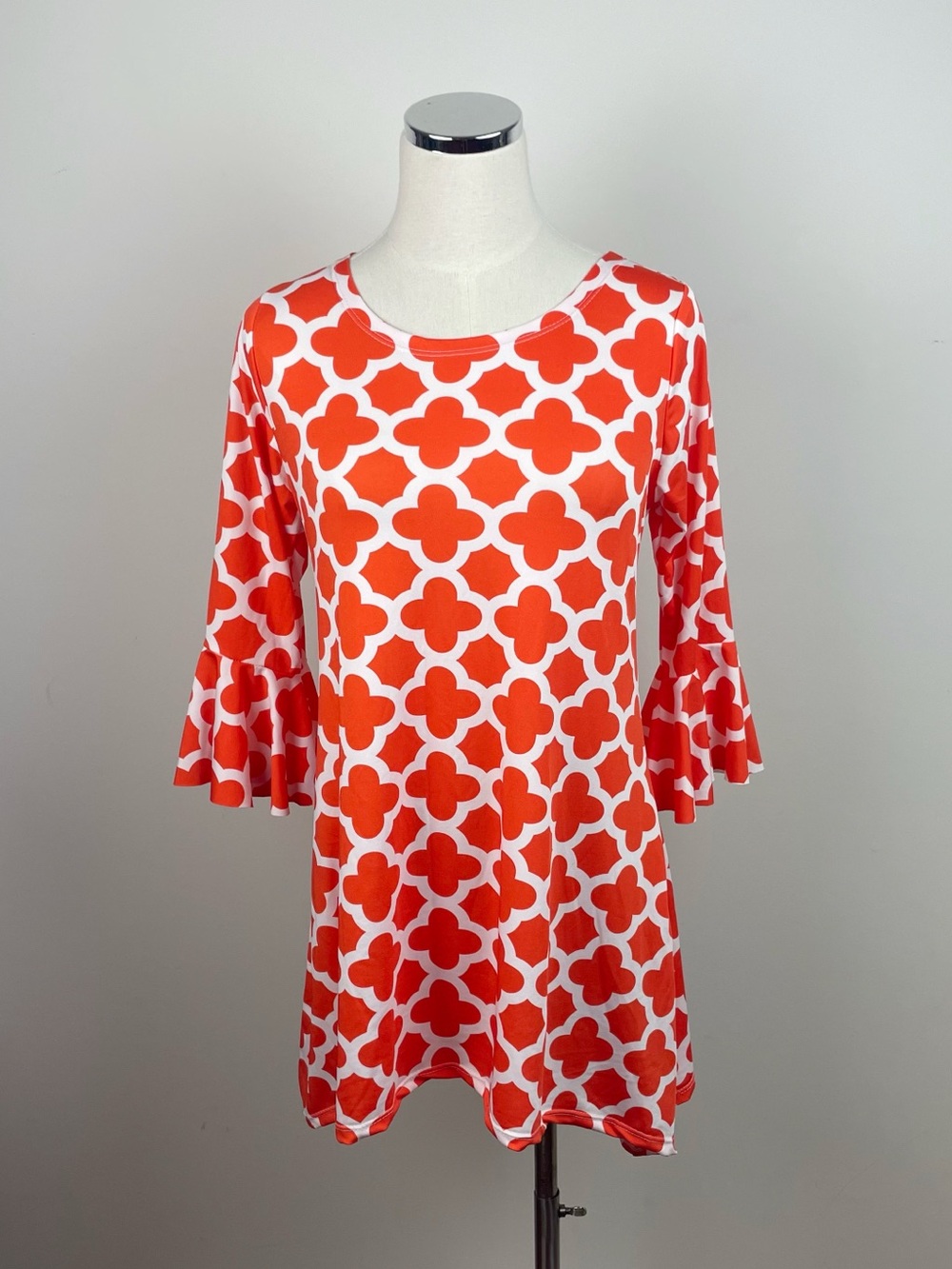 Flirty Pink Orange White Geometric Tunic Top Bell Sleeve Women Medium Retro Fun
